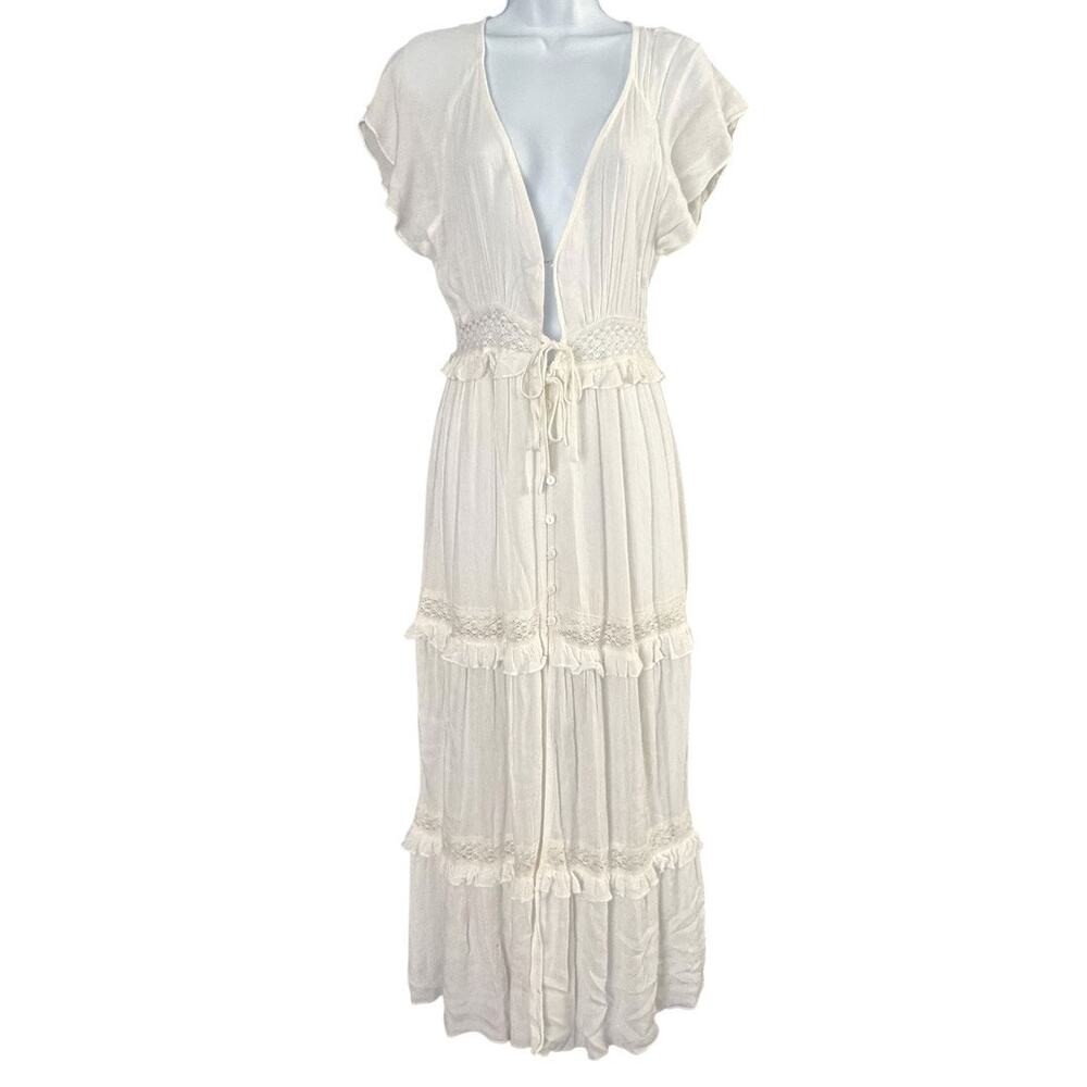 MABLE Crochet Lace Tiered Maxi Dress Womens S/M Ivory Beach Bride Boho Flowy NEW - Picture 2 of 8